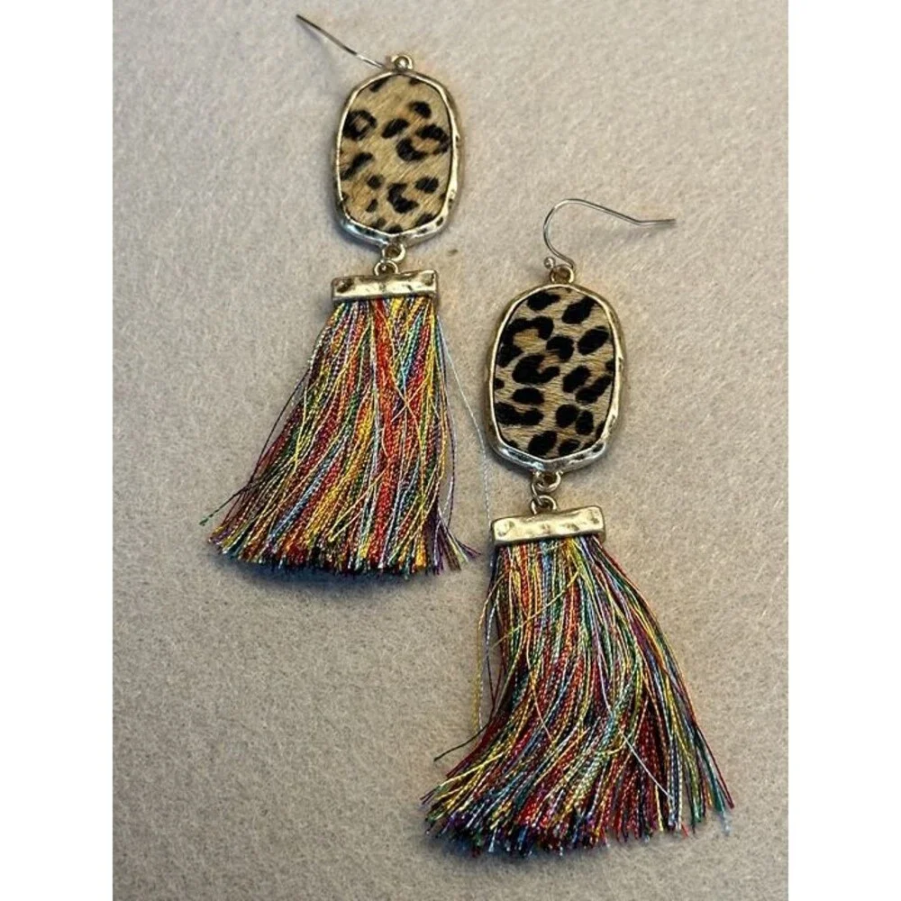 Leopard Print Rainbow Tassel Fringe Dangle Earrings Boho Statement NWT New Gift